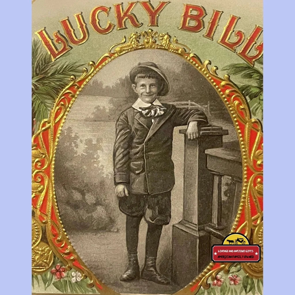 Antique Vintage Lucky Bill Embossed Cigar Label 1900s - 1920s Victorian Boy! - Advertisements - Tobacco And Labels |