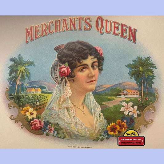 Antique Vintage Merchants Queen Embossed Cigar Label 1900s - 1920s Advertisements Rare - 1920s: Merchants’ Masterpiece!