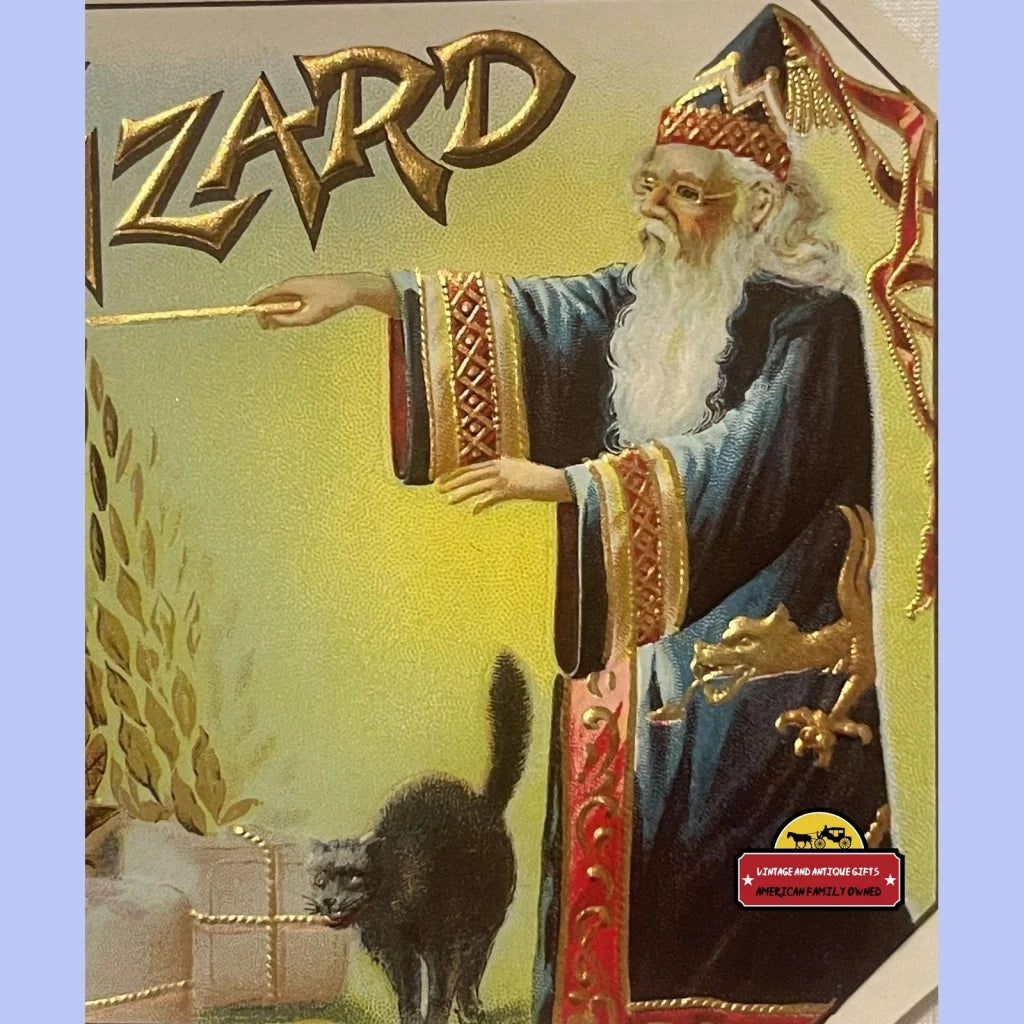 Antique Vintage Wizard Embossed Cigar Label 1900s - 1920s Halloween Black Cat - Advertisements - Tobacco And Labels |
