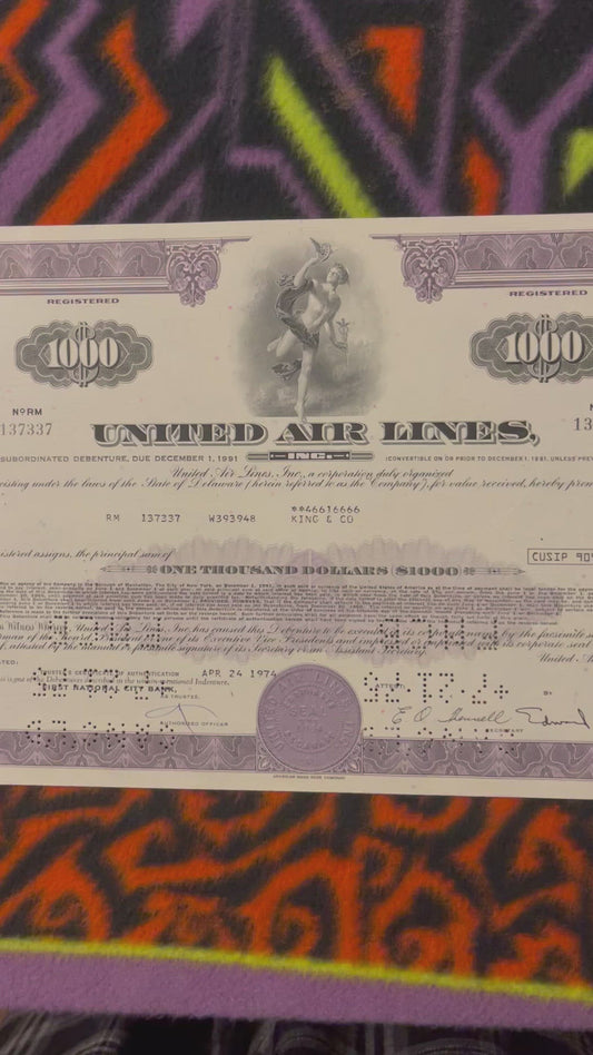 Vintage 1967 United Air Lines 5 Percent Subordinated Debenture Purple 1000 Dollar Due 1991 Mercury Vignette 📜