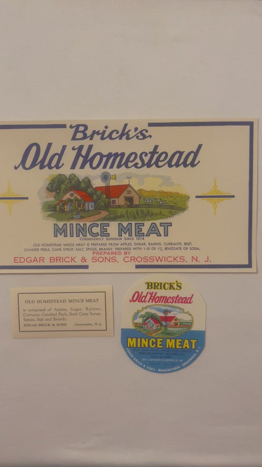 Antique Brick's Old Homestead Mince Meat Labels 🏡 Edgar Brick & Sons Crosswicks NJ 1910s-1930s Litho Set NOS