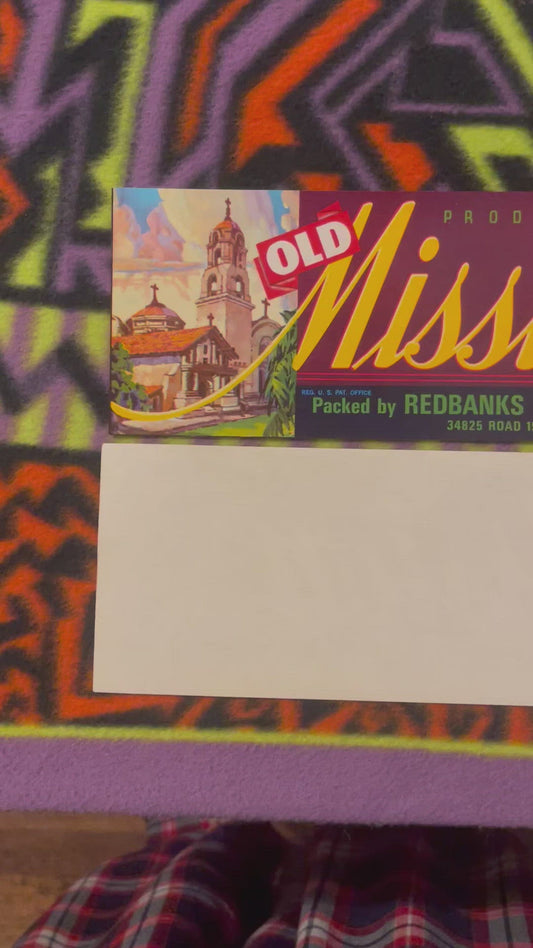 Vintage Old Mission Crate Label, Redbanks & Woodlake, CA, 1960s Vintage Advertisements Antique Vintage Food and Misc. Labels Vintage and Antique Gifts