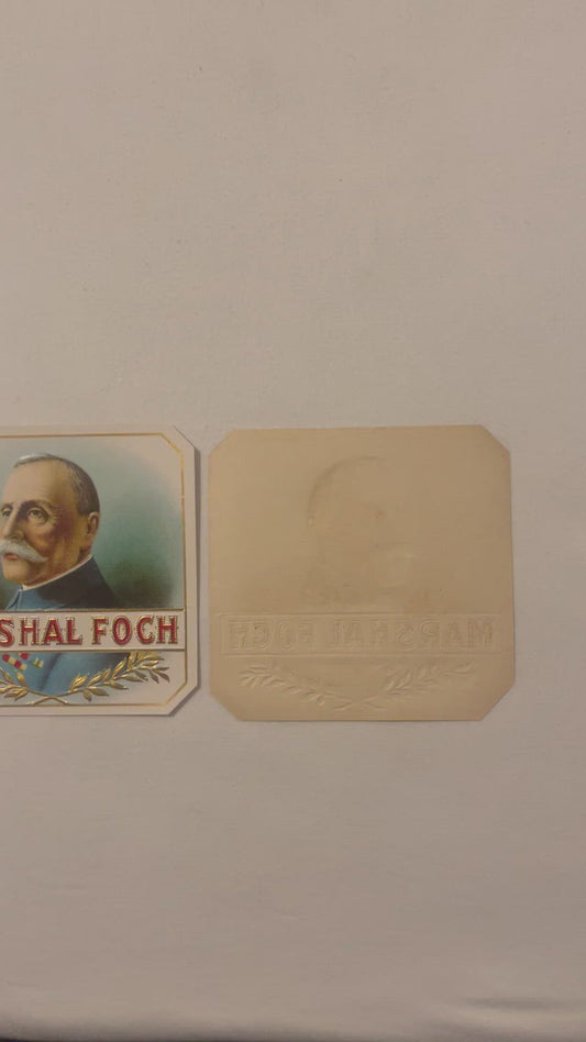 Antique WWI Marshal Foch Chromolithograph Cigar Box Label Embossed NOS Portrait French Military Hero 1918 American Made 🚬