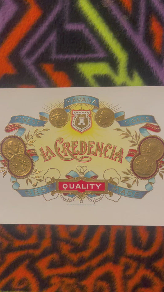 Antique La Credencia Havana Cigars 🪙 Spector Bros Embossed Gold Coin Cigar Box Label Color Lithograph American Made