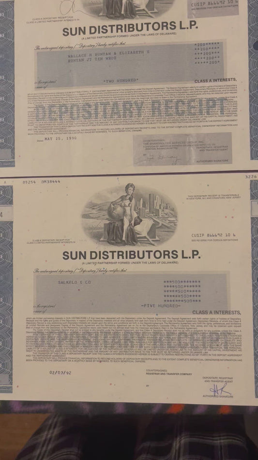 Vintage 1990s Sun Distributors Stock Certificate Class A Started by Sunoco American Oil and Gas 📜