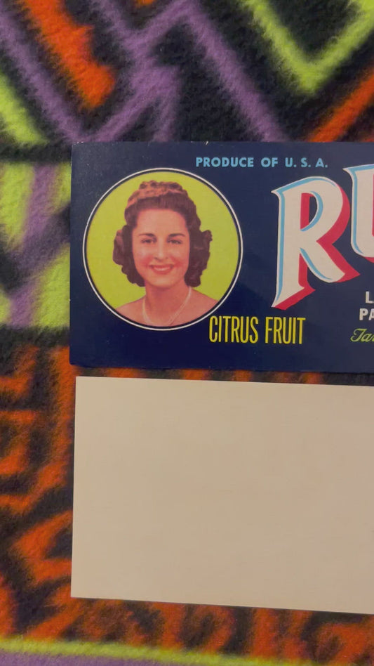 Vintage 1940s Ruby Brand Citrus Fruit Crate Label 🍎 Tavares Florida, Pretty Girl Portrait & Navy Graphic Art