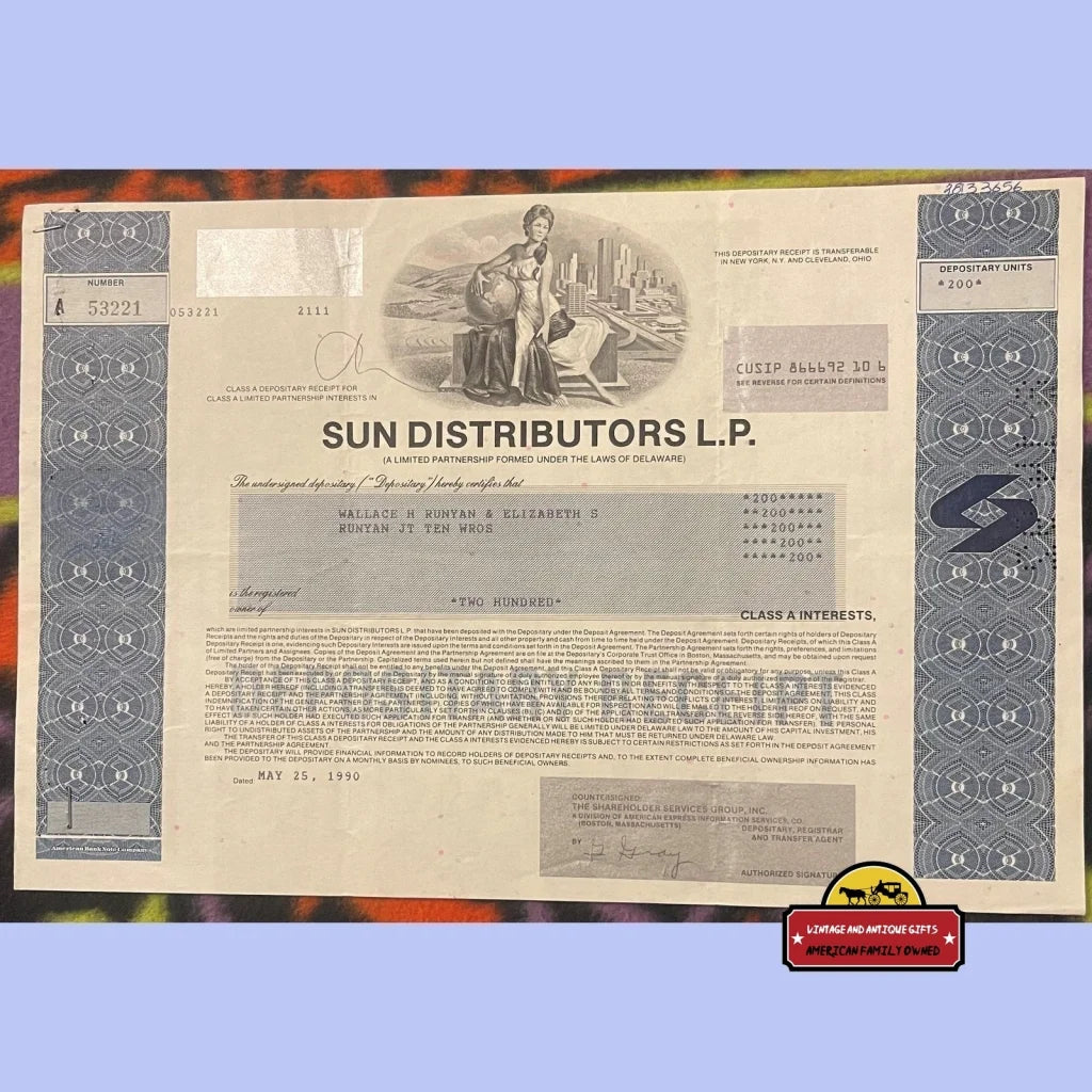 Combo a And b Vintage Sun Distributors Stock Certificates Sunoco American Oil Gas 1990s Advertisements Antique and Bond