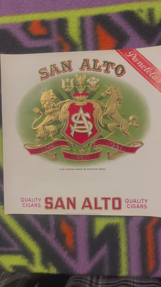 Antique San Alto Panetelas Cigar Label 🦁 Embossed Gold Foil Lithograph – Spector Bros. Brooklyn NY Coat of Arms American Made