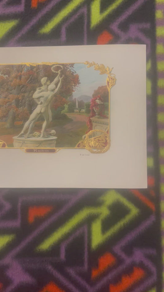 Antique Ruhm Cigar Box Label Chromolithograph Embossed Gold NOS Neoclassical Statuary Autumn Garden 1900s American Made 🚬