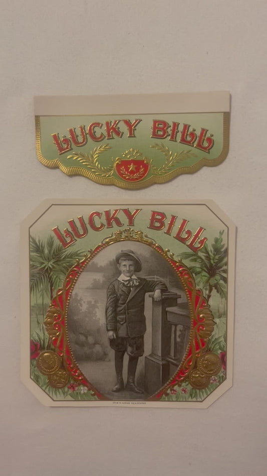 Antique Lucky Bill Cigar Box Label Set 🍀 Embossed Outer Lid & Inner Flap NOS Tobacco Ephemera