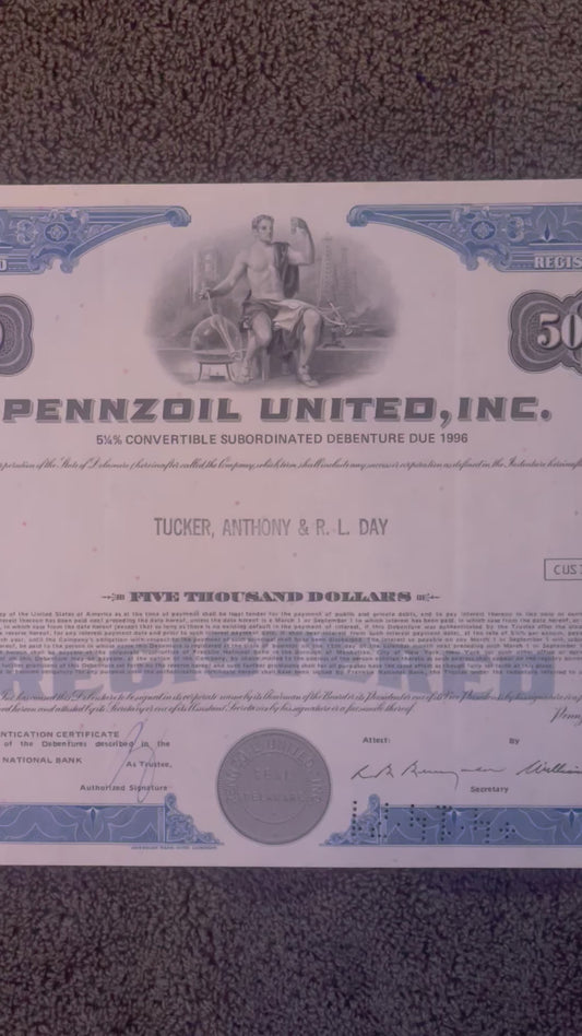 Vintage 1970s Pennzoil United Stock Certificate 5000 Shares Blue Oil Racing Rockefeller Americana Indy 500 Wall Art 🏁 🛢️