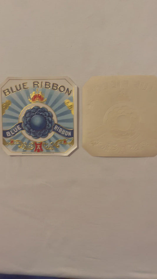 Antique Blue Ribbon Cigar Box Label 🎀 M.H. Sevis & Son Springvale PA, Gold Embossed Prize Rosette, Lions Crest NOS