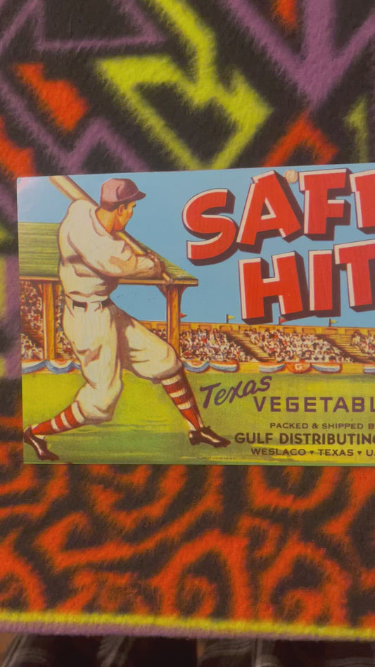 Vintage Safe Hit Baseball Crate Label Texas Vegetables Gulf Distributing Co Weslaco Lithograph Advertising Art 🍎