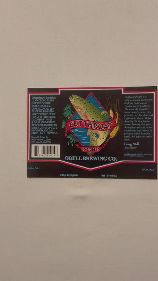 Retro Odell Cutthroat Porter Beer Label 🎣 Fort Collins Colorado Brewery Collectible OBC 2000 🍺