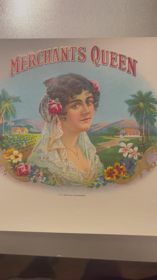 Antique Merchants Queen Embossed Cigar Label 💐 1900s Gold NOS Beauty