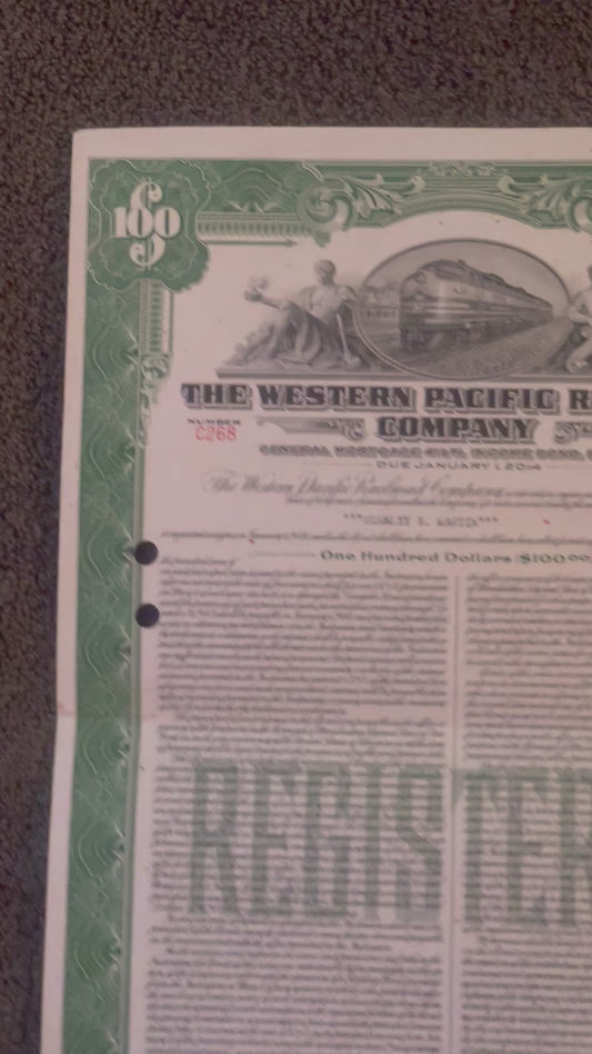 Antique 1945 Western Pacific Railroad $100 Income Bond 🚂 Green, Series A, Feather River Route