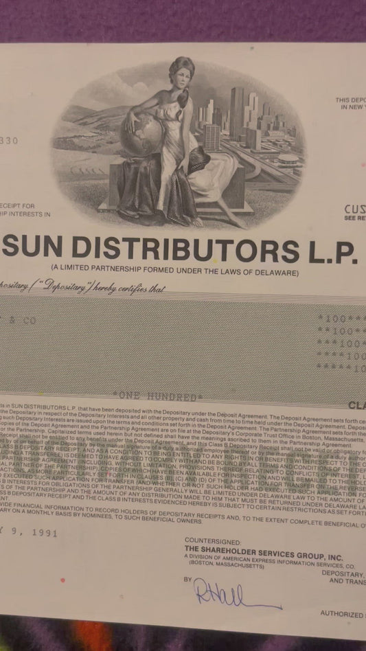 Vintage 1990s Sun Distributors Stock Certificate Class B Started by Sunoco American Oil and Gas 📜
