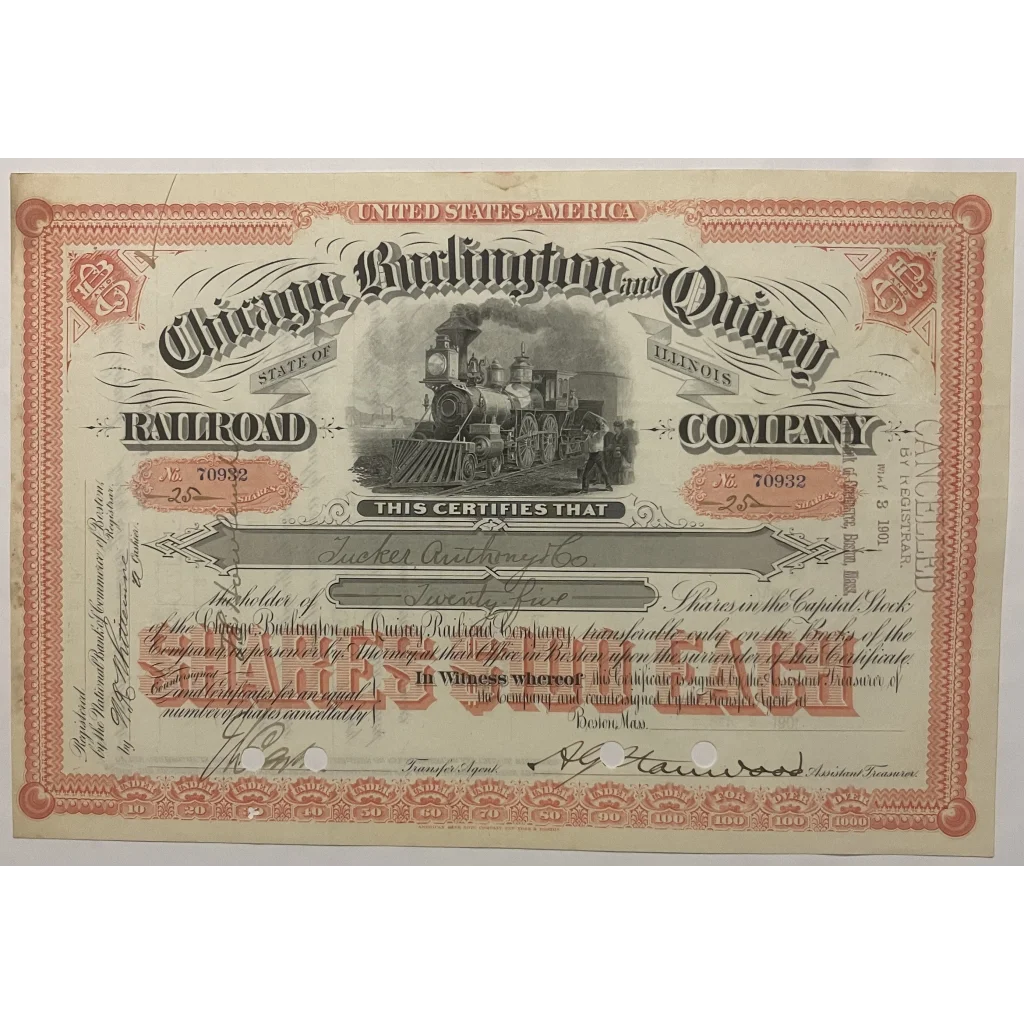 Rare 1880s-1901 Chicago Burlington Quincy Railroad Stock Certificate - Zephyrs - Collectibles - Antique Vintage And Bond