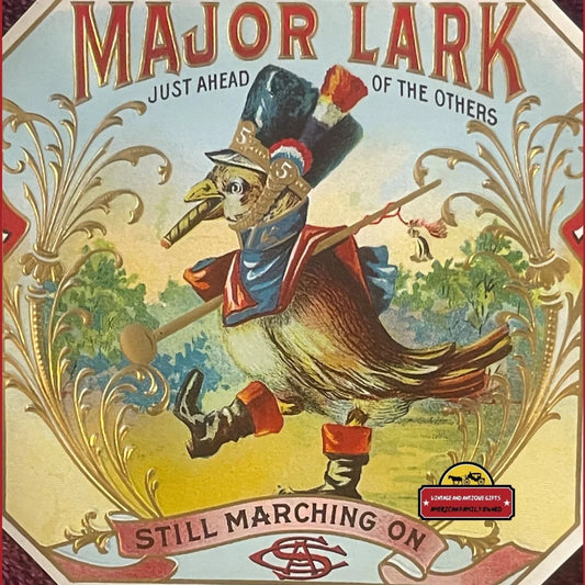 Rare 1910s Antique Major Lark Gold Embossed Cigar Label Coolest Marching Bird Ever! Vintage Advertisements Tobacco