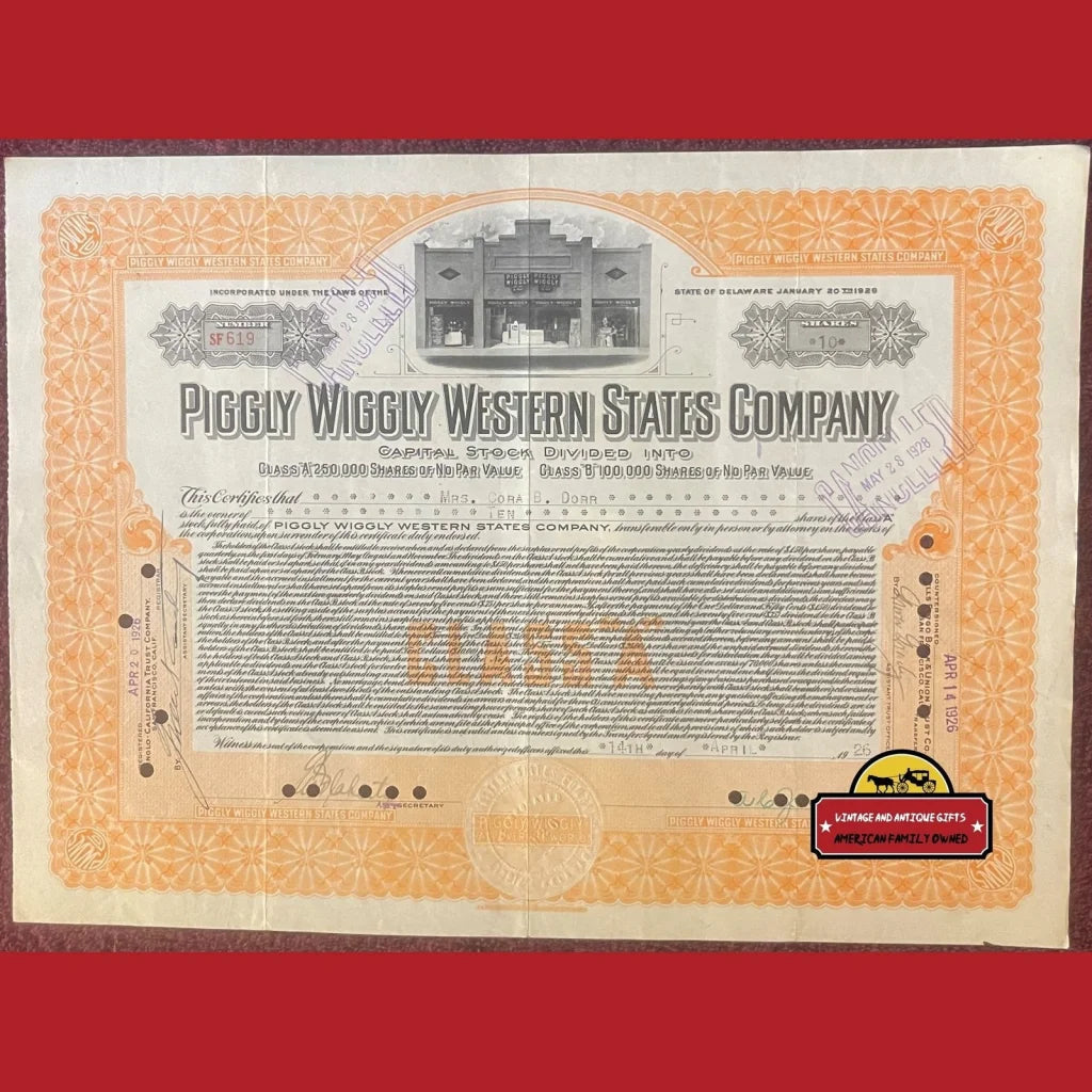 Rare 1926 Piggly Wiggly Stock Certificate First Self Service Grocery Store! - Vintage Advertisements - Antique