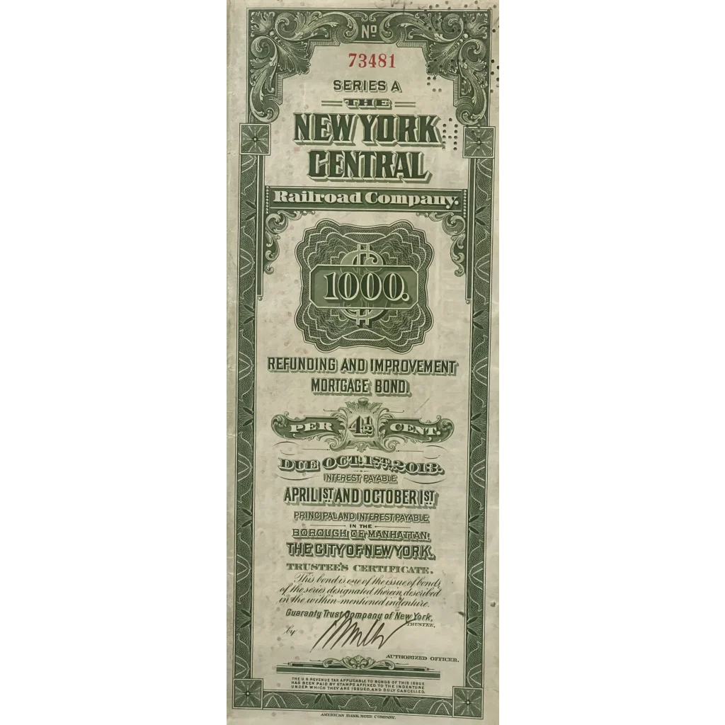 Rare Antique 1913 New York Central Railroad Company Gold Bond Certificate Grand Station Vintage Advertisements Stock
