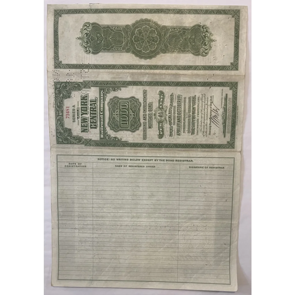 Rare Antique 1913 New York Central Railroad Company Gold Bond Certificate Grand Station Vintage Advertisements Stock