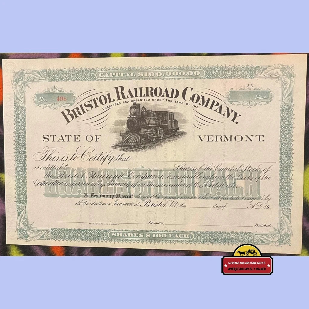 Rare Antique Bristol Vermont Railroad Stock Certificate Forney Locomotive,1900s Vintage Advertisements and Bond
