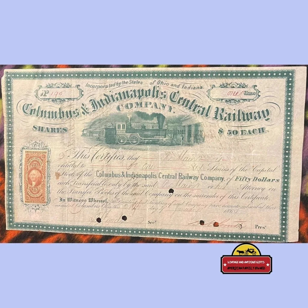 Rare Antique Columbus Indianapolis Central Bee Line Railroad Stock Certificate 1865 - Vintage Advertisements - And Bond