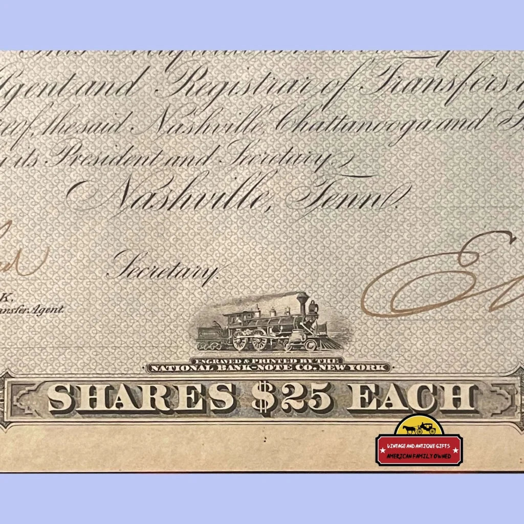 Rare Antique Nashville Chattanooga & St Louis Railroad Stock Certificate 1800s Famous Signature Vintage Advertisements