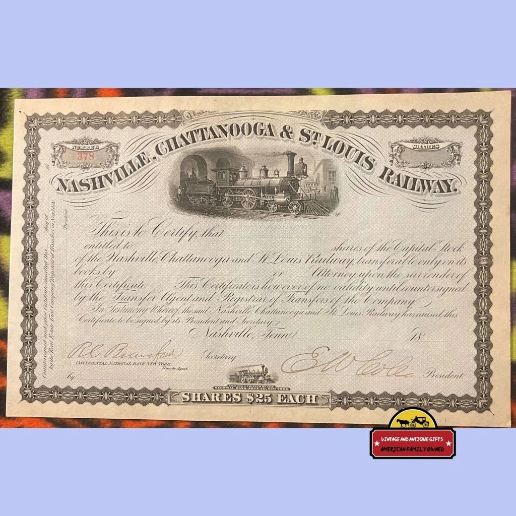 Rare Antique Nashville Chattanooga & St Louis Railroad Stock Certificate 1800s Famous Signature Vintage Advertisements