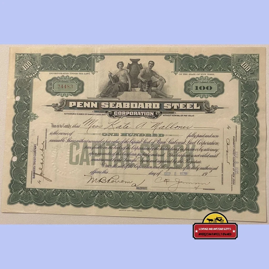 Rare Antique Penn Seaboard Steel Stock Certificate American Icon Pa De 1926 - Vintage Advertisements - Certificates.