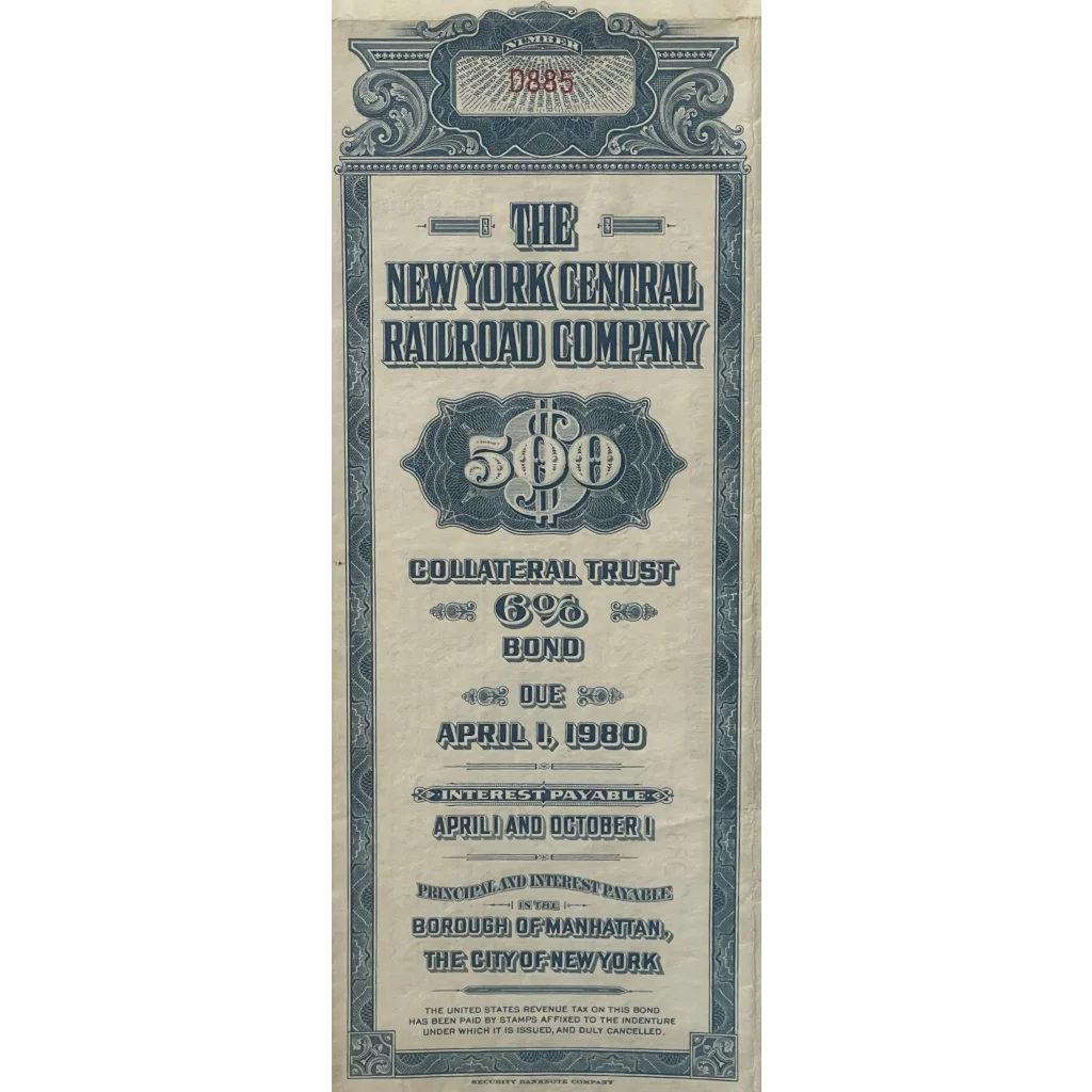 Rare Antique Vintage 1955 New York Central Railroad Co. Gold Bond Certificate - Blue - Advertisements - Stock