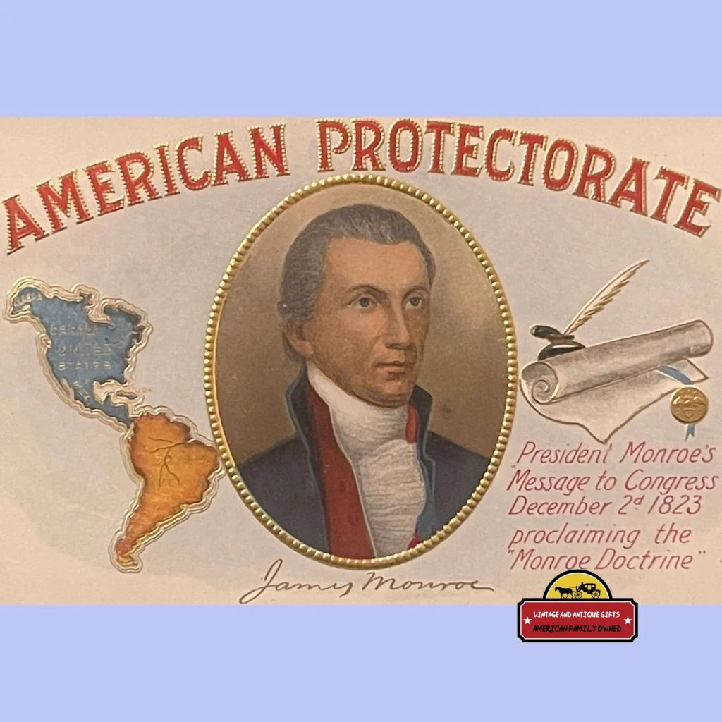 Rare Patriotic Antique American Protectorate Embossed Cigar Label James Monroe Doctrine 1900s - 1910s - Vintage