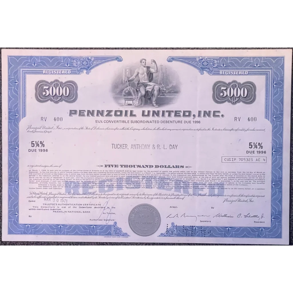 Rare Vintage 1970s Pennzoil Stock Certificate Blue American Owned 1913-2022 Rip - Advertisements - Antique Certificates.