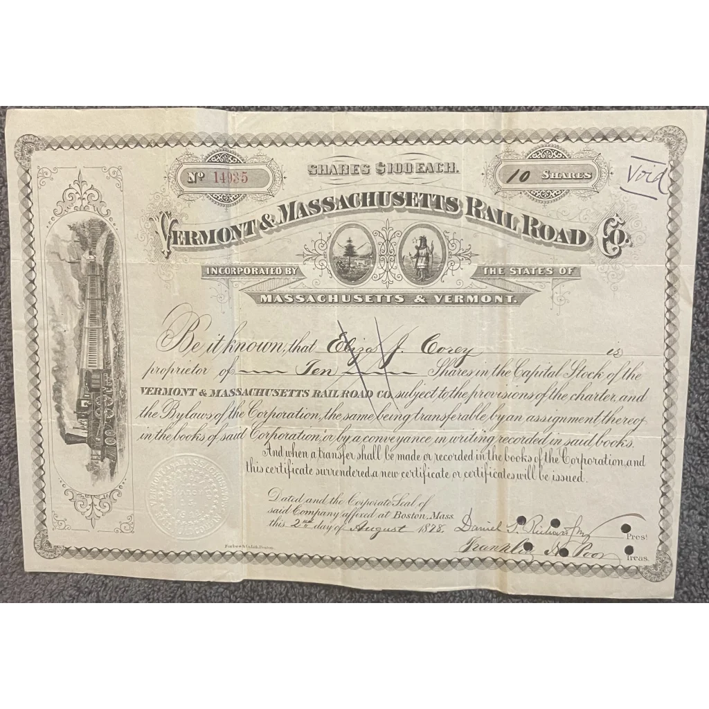 Very Rare Antique 1870s-1900s Vermont And Massachusetts Railroad Stock Certificate - Collectibles - Vintage And Bond