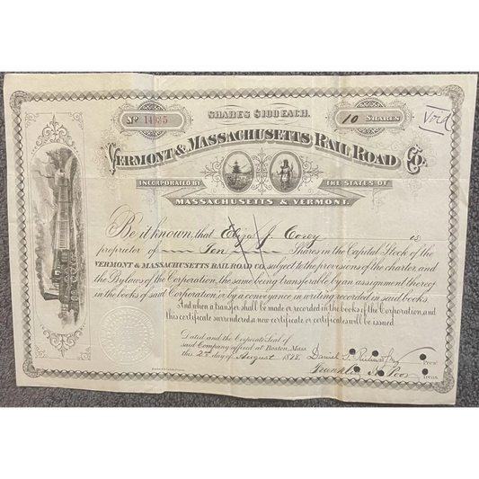 Very Rare Antique 1870s-1900s Vermont And Massachusetts Railroad Stock Certificate Collectibles Vintage and Bond