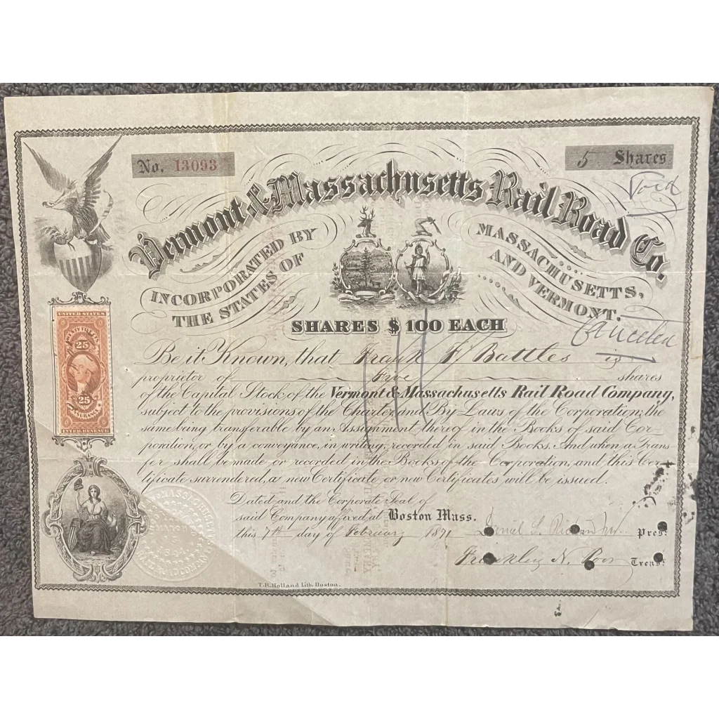 Very Rare Antique 1871 Vermont And Massachusetts Railroad Co. Stock Certificate Collectibles Vintage and Bond