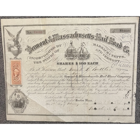 Very Rare Antique 1871 Vermont And Massachusetts Railroad Co. Stock Certificate Collectibles Vintage and Bond