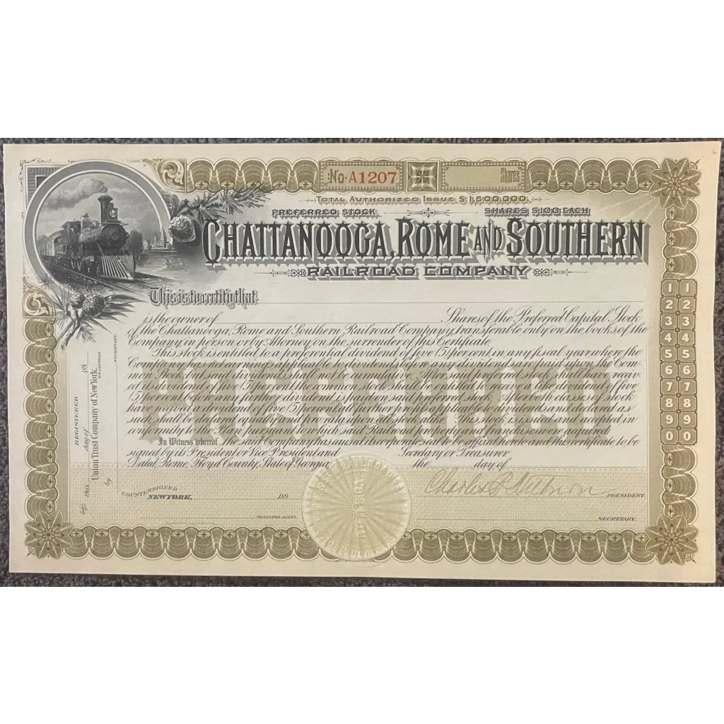Very Rare Antique 1890s Chattanooga Rome And Southern Railroad Co. Stock Certificate - Collectibles - Vintage