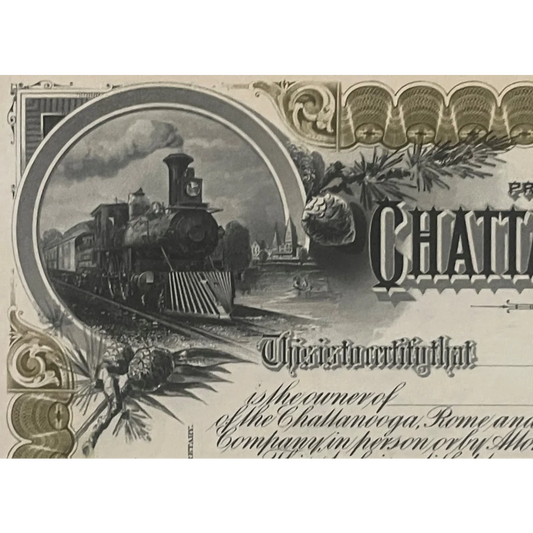 Very Rare Antique 1890s Chattanooga Rome And Southern Railroad Co. Stock Certificate Collectibles Vintage and Bond