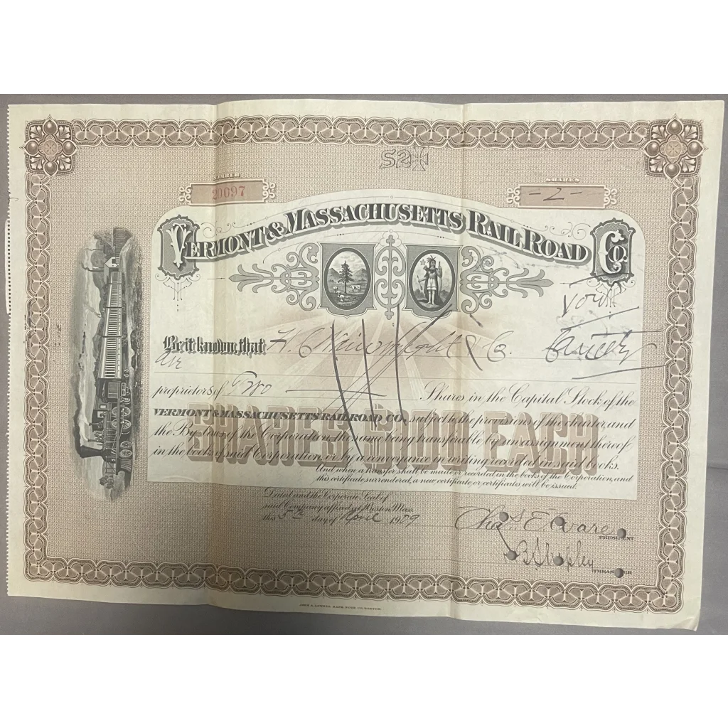 Very Rare Antique 1900s Vt & Ma Railroad Stock Certificate John a Lowell Bond Co. - Collectibles - Vintage