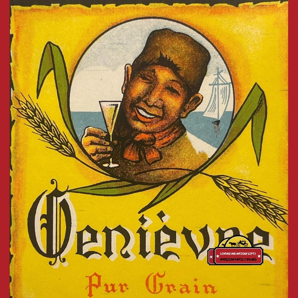 Very Rare Antique Double Uncut Genievre Pur Grain Liquor Alcohol Label 1920s - Vintage Advertisements - Beer