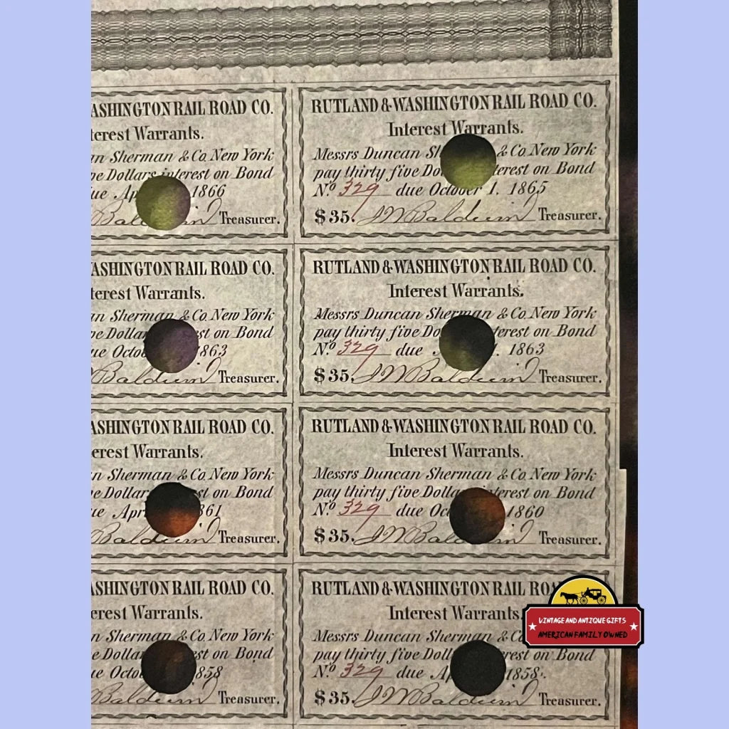 Very Rare Antique Rutland Washington Railroad Stock Certificate 1850s Corning Ny Famous Signature Vintage
