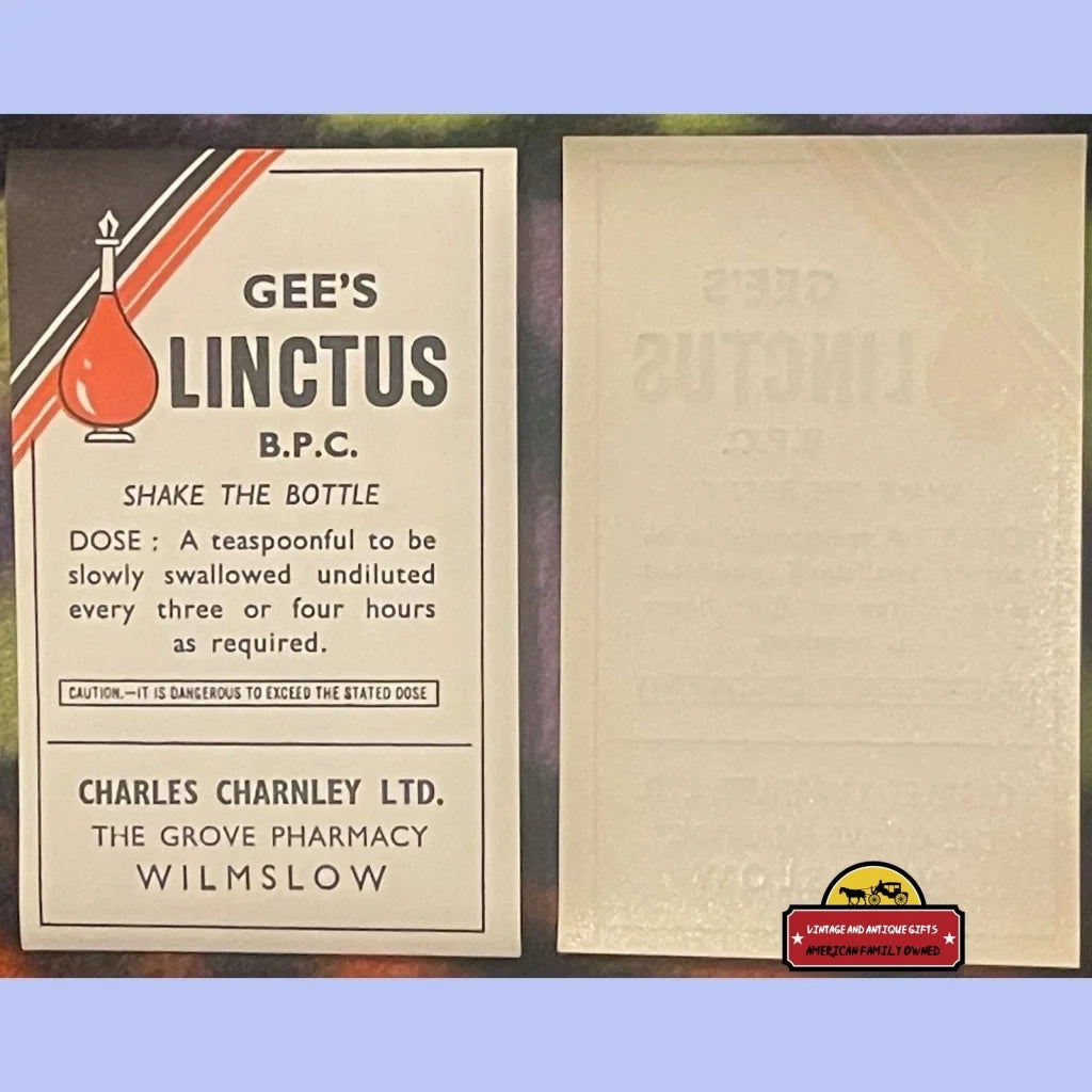Very Rare Antique Vintage Gee’s Linctus Label Opium And Alcohol 1910s - 1920s - Advertisements - Pharmacy Labels. Gifts