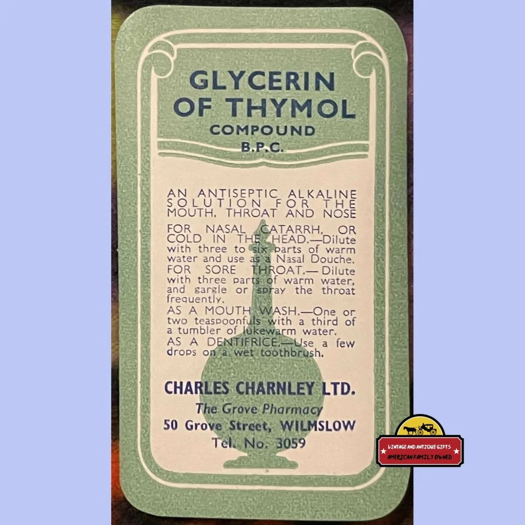 Very Rare Antique Vintage Glycerine Of Thymol Label c Charnley Grove Pharmacy 1910s - 1920s - Advertisements - Labels.