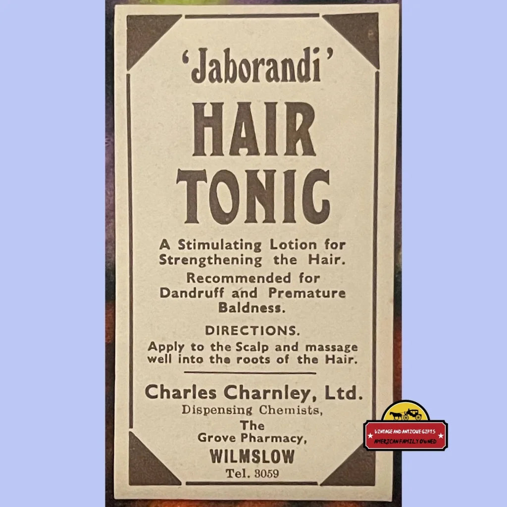 Very Rare Antique Vintage Jaborandi Hair Tonic Label c Charnley Grove Pharmacy 1910s - 1920s Advertisements Labels