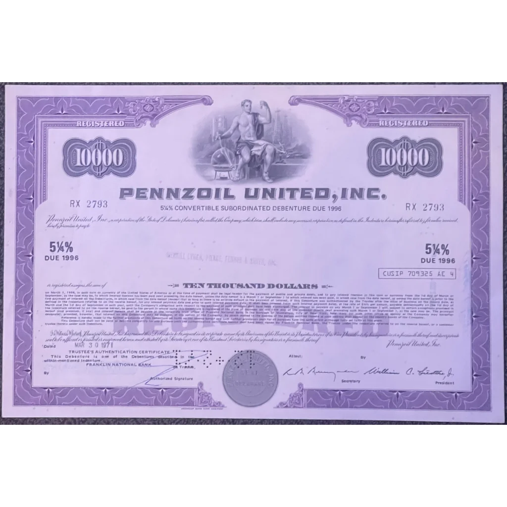 Very Rare Vintage 1970s Pennzoil Stock Certificate Purple American Owned 1913-2022 Rip - Advertisements - Antique
