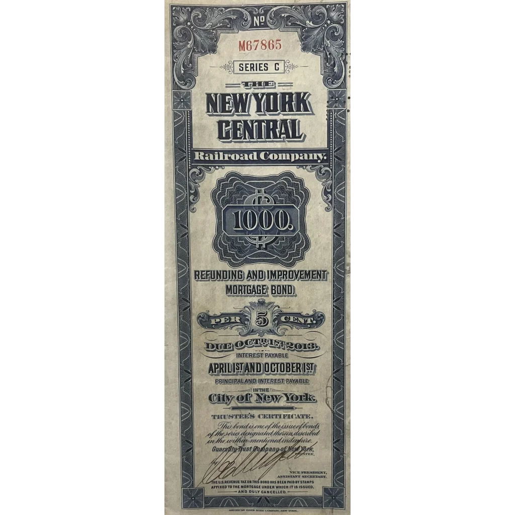 Vintage 1921 New York Central Railroad Company Gold Bond Certificate - Blue Advertisements Antique Stock