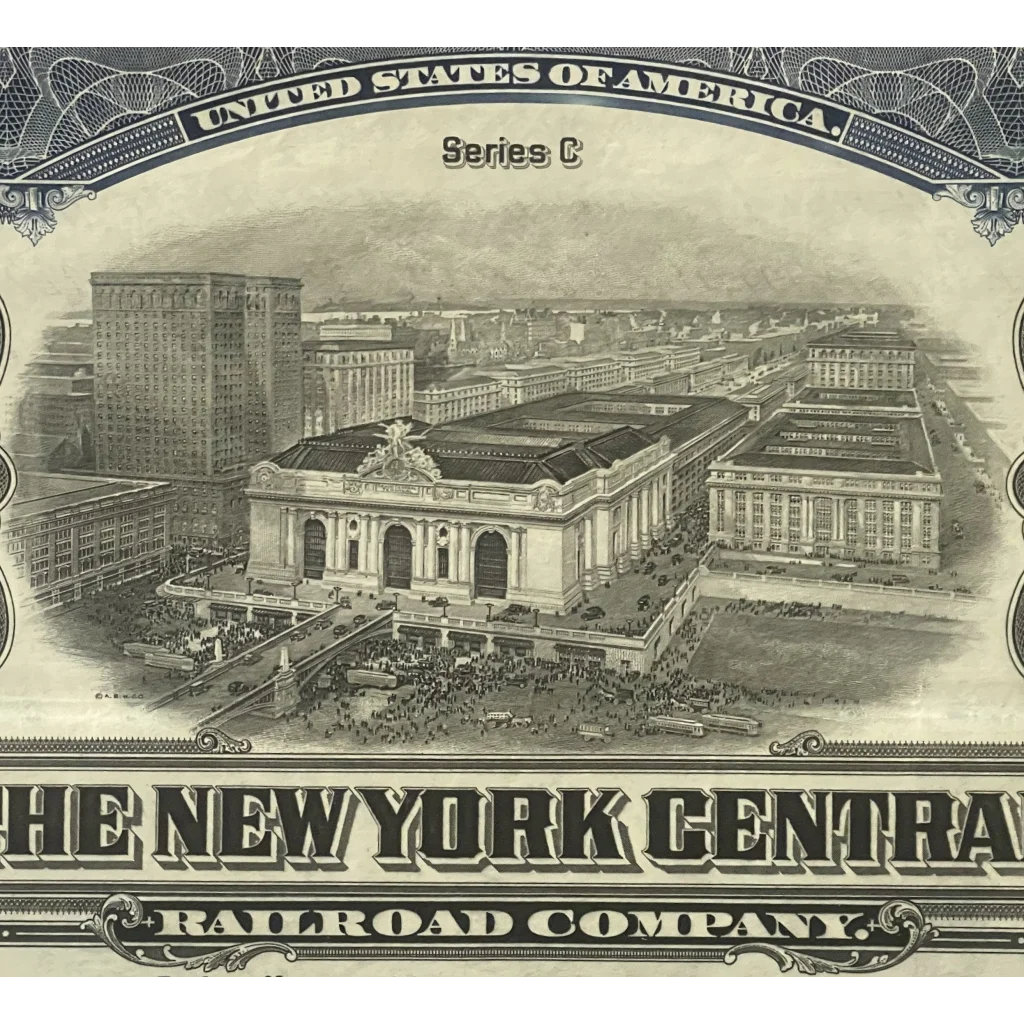 Vintage 1921 New York Central Railroad Company Gold Bond Certificate - Blue Advertisements Antique Stock