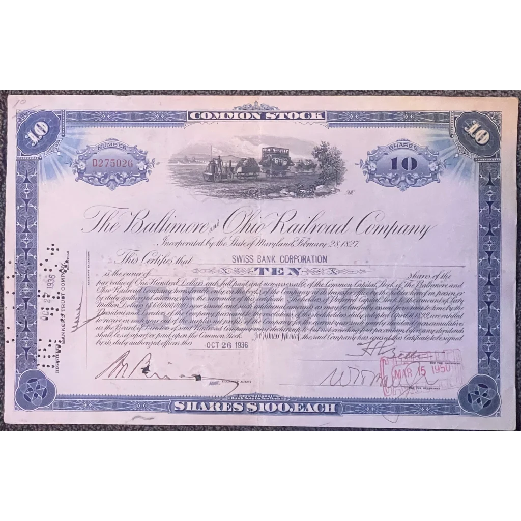 Vintage 1930s Baltimore And Ohio Railroad Stock Certificate Monopoly b & o Rr Blue Advertisements Antique and Bond